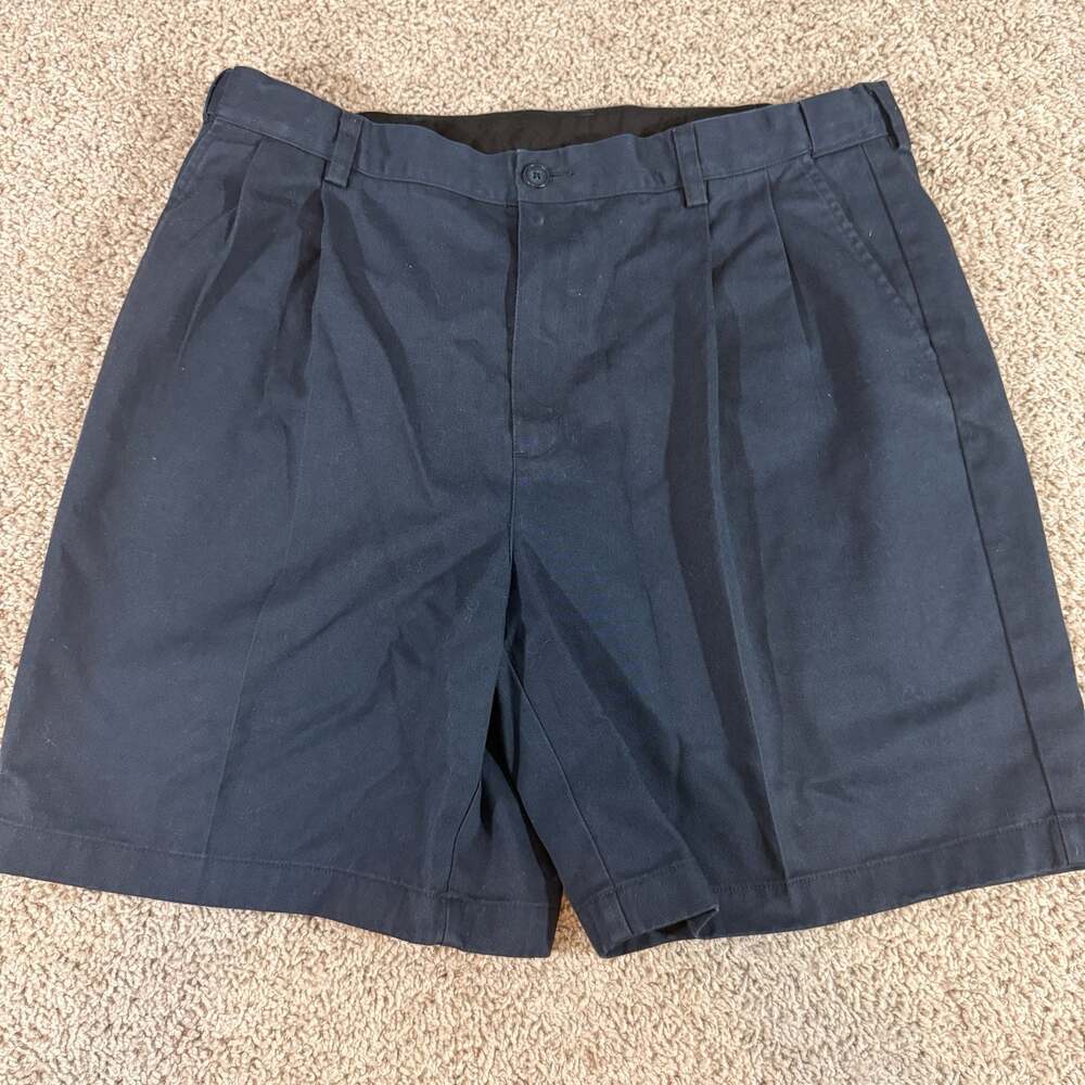 L.L.Bean Comfort Waist Shorts Mens 37 Navy Pleated Chino Cotton Casual Golf